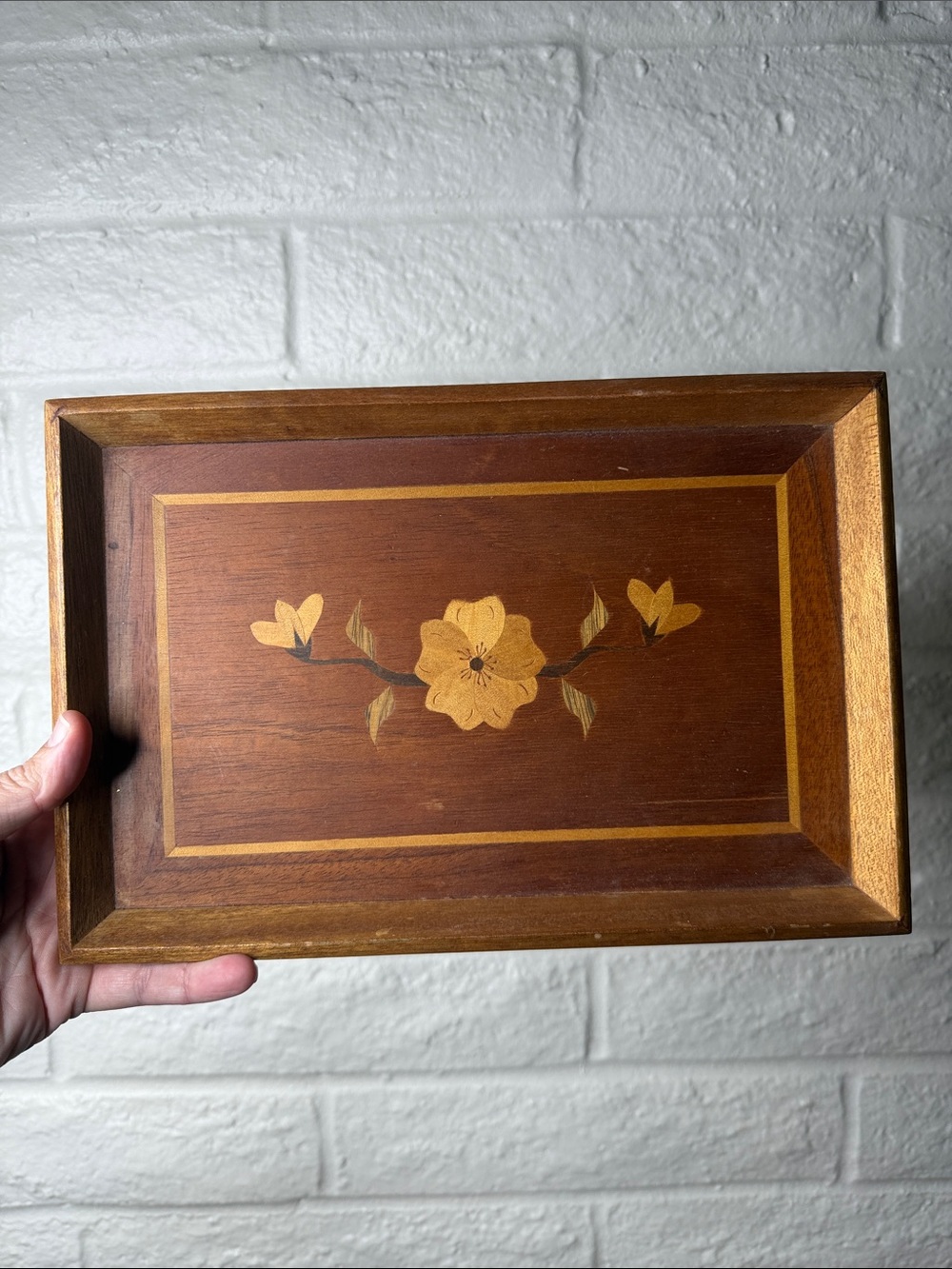 Vintage Wood Tray With Inlay Floral Flower Mod Century